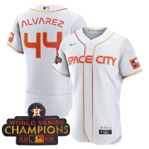 Men's Houston Astros #44 Yordan Alvarez White With 2022 World Serise Champions Patch Stitched Baseball Jersey